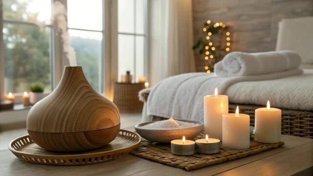 A serene spa setting with candles, a diffuser emitting mist, rolled towels, and soft lighting for relaxation.