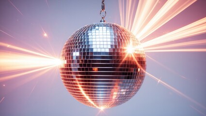 A white background features a disco ball casting shadows and bright light rays. Light reflection and glare effect.