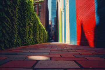 A brick walkway leads into an urban alley with greenery and a colorful mural on a nearby wall.