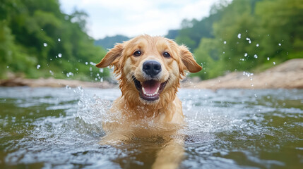Happy dog swimming in river, splashing water joyfully in lush green forest