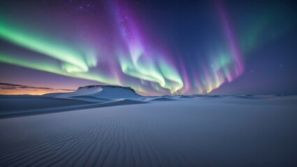 Obraz premium Stunning view of the Aurora Borealis illuminating a night sky over a snowy landscape with rolling hills