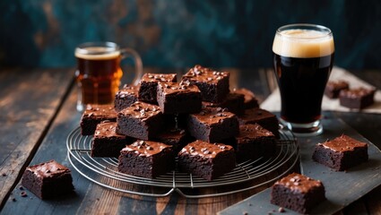 Imperial stout craft beer alongside rich chocolate brownies.