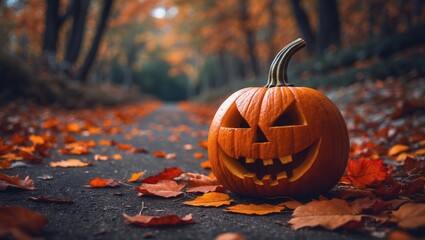 A festive carved pumpkin amid bright fall leaves on a quiet trail in the woods.