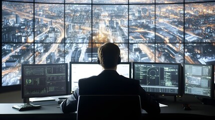 Businessman Analyzing Data from Multiple Monitors in Control Room
