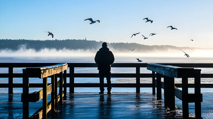 Contemplative silhouette at dawn on pier, amidst soaring birds and serene, misty waters