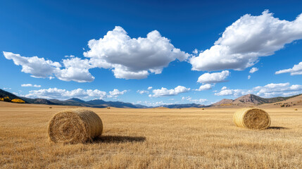 Golden field with hay bales under bright blue sky filled with fluffy clouds