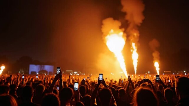 Crowd Recording Fire Show with Mobile Phones