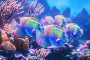 Obraz premium A vibrant school of iridescent fish swims gracefully amidst colorful corals in a deep, blue ocean environment.