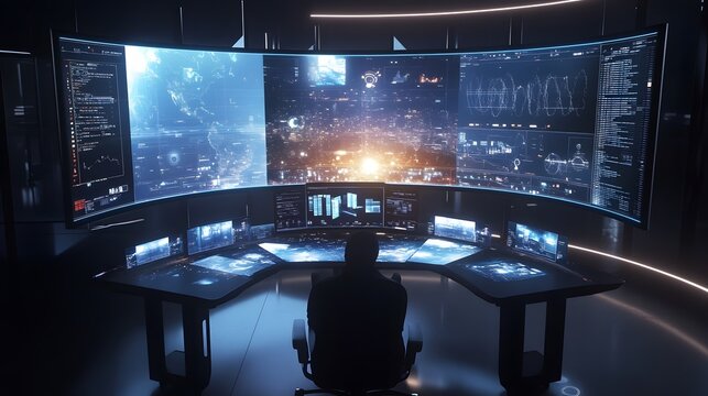 Futuristic Control Room with Advanced Technology and Data Display