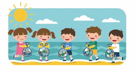 Naklejka premium Happy children collecting trash on the beach, environmental protection concept