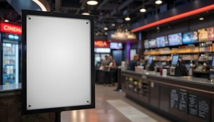 Empty blank mock-up poster board on blurred background of movie theater lobby