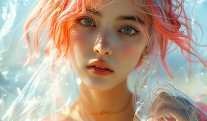 Surrounded by dynamic lighting and tech-inspired details, the young woman with pastel hair blends cyber culture and fashion in a digitally-enhanced style.