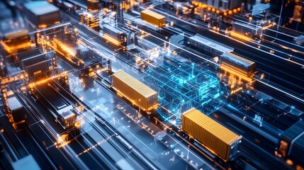 Futuristic Digital Logistics with Cargo Containers and Lines of Code