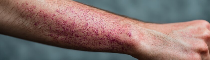 Close-up of an arm showing skin condition with red spots, neutral background.