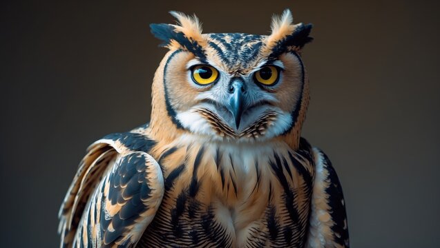 Eagle owl with big yellow eyes observing you while twisting its neck