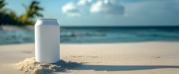 Blank White Soda Can Sitting on Beach Sand with Ocean View Behind