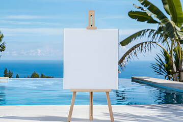 White Wooden Blank Canvas Easel Set by the Poolside on a Terrace