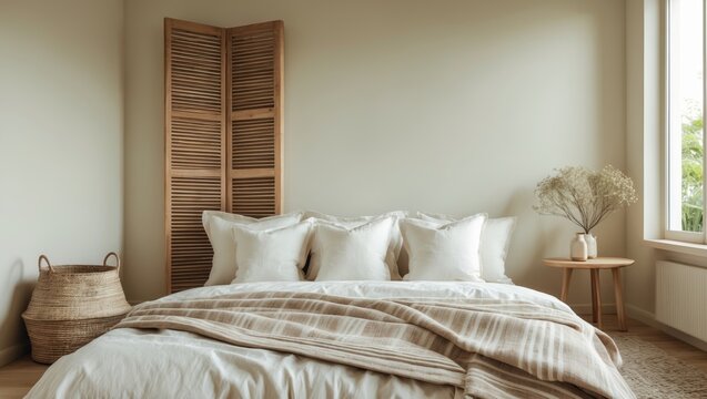 Serene bedroom design, clear space on bare wall