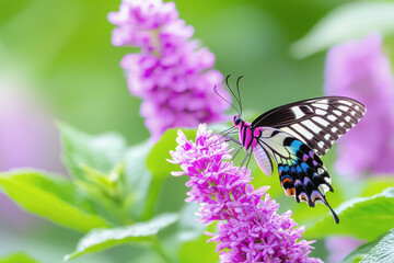Butterfly resting on a flower petal capturing the beauty of nature with a curious rabbit in a dappled light setting