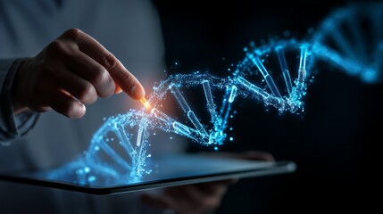 Abstract luminous DNA molecule. Doctor using tablet and check with analysis chromosome DNA genetic