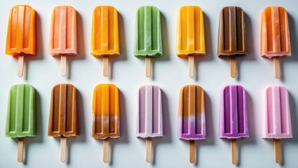 Assorted colorful popsicles on a white backdrop
