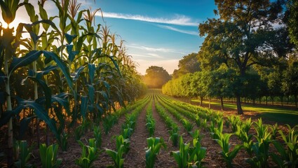 Obraz premium Viewing the orchard from within a corn maze on the farm