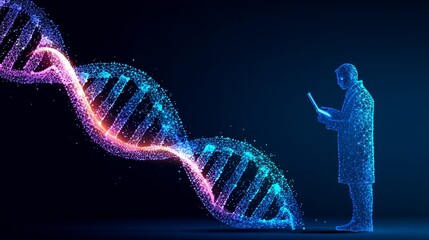 Abstract luminous DNA molecule. Doctor using tablet and check with analysis chromosome DNA genetic