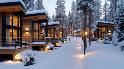 Fototapeta premium Cozy winter cabins nestled in snowy landscape, surrounded by tall trees and soft lighting