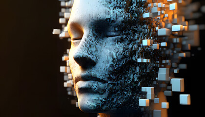 Artistic Digital Visualization of a Dissolving Human Face Made of 3D Cubes – AI and Deep Learning