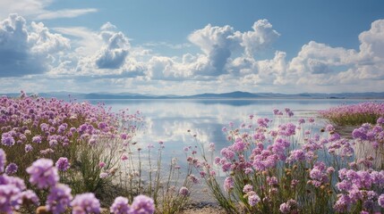 Award-winning photography, spring landscape, flowers in the foreground, water, beautiful fluffy clouds in the background, soft pastel colors
