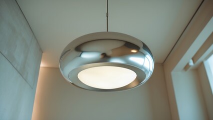A contemporary silver pendant lighting fixture is suspended from a ceiling
