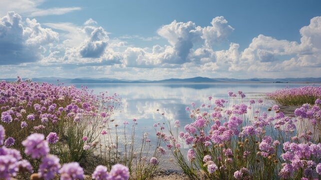 Award-winning photography, spring landscape, flowers in the foreground, water, beautiful fluffy clouds in the background, soft pastel colors - Powered by Adobe