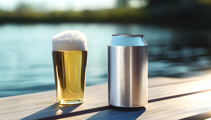 Blank Metallic Soda Can Mockup on Outdoor Bench by the Water Under Sunshine – 3D, 300dpi