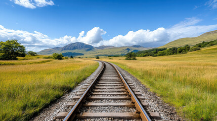 Fototapeta premium Winding railway tracks stretch through lush green fields bright blue sky, evoking sense