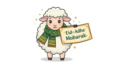 Cute Sheep Holding "Eid-Adha Mubarak" Sign – Islamic Holiday Illustration