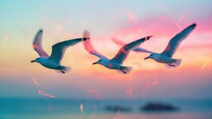 Sunrise and Seagulls Captured in Double Exposure