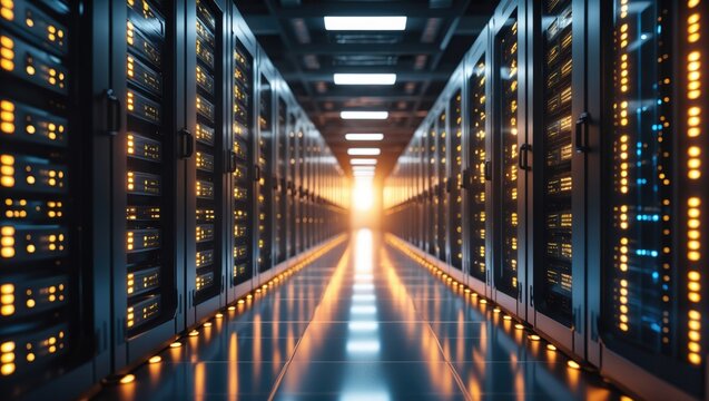 Corridor of a data center showcasing supercomputers and rack servers