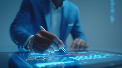 A person in a blue suit uses a stylus to interact with a futuristic digital tablet displaying financial charts and data