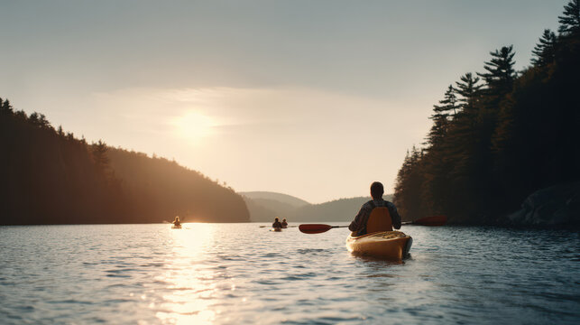 serene lake scene with people engaging in various water sports like kayaking and paddleboarding