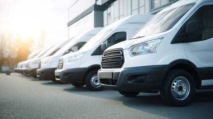 Fototapeta premium A row of white commercial vans parked outside a modern building in the sunlight, ready for business or delivery services