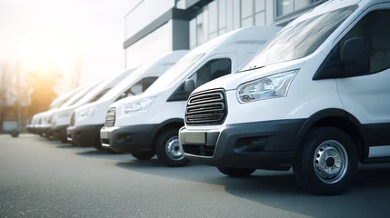A row of white commercial vans parked outside a modern building in the sunlight, ready for business or delivery services