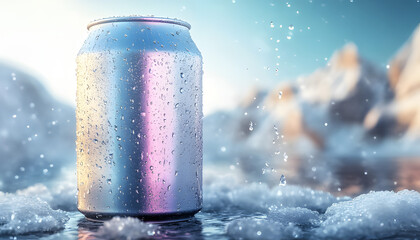 Cold Colorful Metallic Soda Can with Snow, Ice, and Condensation Drops — Fresh Beverage Mock-Up