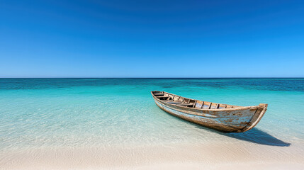 Naklejka premium Traditional fishing boat rests on serene beach, surrounded by clear turquoise waters