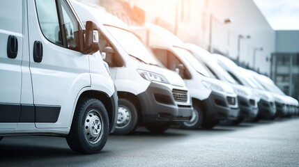 A row of white delivery vans parked in a lot, lined up in front of a modern commercial building on a bright day