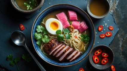 Top view of Asian-style ramen with broth, egg, and meat on a rustic stone surface