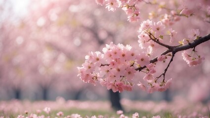 Obraz premium Pink floral nature background with Sakura blossoms. Stunning view of a blooming tree. Abstract orchard backdrop in blur. Spring season ambiance.