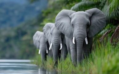 Obraz premium A group of elephants near the water, some standing and others drinking from it in an elephant herd on the riverbank