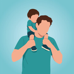 Flat faceless vector of a father holding his son on his shoulders with a sky blue background. Perfect for Father's Day greeting cards and social media posts.
