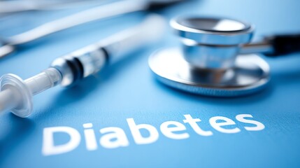 A stethoscope and syringe rest on a blue surface with the word "Diabetes," symbolizing medical care and diabetes management