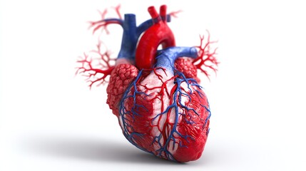 A realistic 3D illustration of a human heart with detailed veins and arteries on a white background